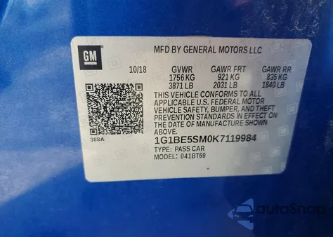 2019 Chevrolet Cruze Lt из США, поврежденный, VIN 1G1BE5SM0K7119984